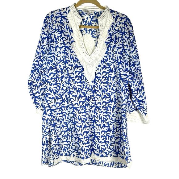 Sulu Collection Blue White Embroidered Cotton Tunic XL Boho Resort Coastal Chic - Picture 1 of 11